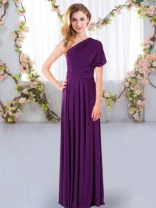 Purple Sleeveless Floor Length Ruching Criss Cross Bridesmaid Gown