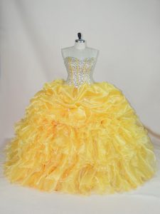 Latest Gold Organza Lace Up Sweetheart Sleeveless Floor Length Sweet 16 Dresses Beading and Ruffles