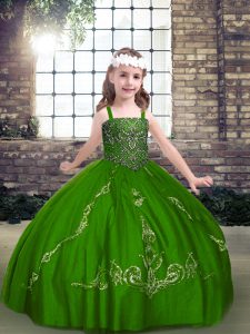 Excellent Green Ball Gowns Straps Long Sleeves Tulle Floor Length Lace Up Beading Winning Pageant Gowns