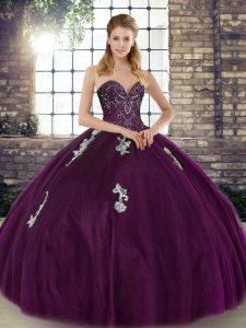 Graceful Dark Purple Lace Up Sweetheart Beading and Appliques Sweet 16 Quinceanera Dress Tulle Sleeveless