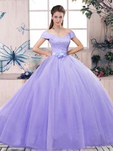 Exquisite Lavender Lace Up Quinceanera Gowns Lace and Hand Made Flower Short Sleeves Floor Length