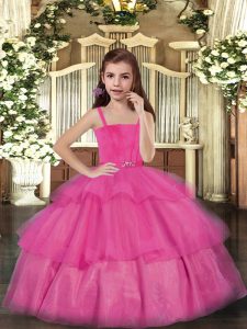 Custom Made Hot Pink Lace Up Straps Ruffled Layers Pageant Dress Toddler Tulle Sleeveless