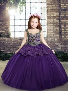 Latest Ball Gowns Glitz Pageant Dress Purple Straps Tulle Sleeveless Floor Length Lace Up