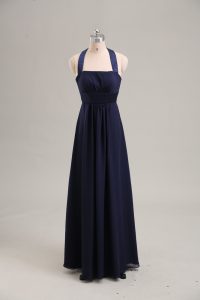 Artistic Navy Blue Chiffon Lace Up Prom Evening Gown Sleeveless Floor Length Ruching