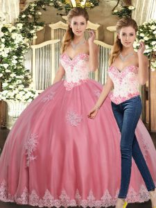Elegant Watermelon Red Lace Up Sweetheart Beading and Appliques Ball Gown Prom Dress Tulle Sleeveless
