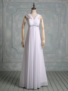 Customized White Chiffon Zipper Celebrity Dresses Sleeveless Floor Length Beading and Ruching