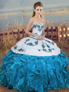 Fitting Blue And White Organza Lace Up 15 Quinceanera Dress Sleeveless Floor Length Embroidery and Ruffles and Bowknot