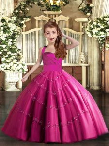 Dramatic Fuchsia Ball Gowns Tulle Straps Sleeveless Beading Floor Length Lace Up Kids Pageant Dress