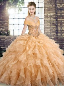 Gold Quinceanera Dress Military Ball and Sweet 16 and Quinceanera with Beading and Ruffles Off The Shoulder Sleeveless Brush Train Lace Up