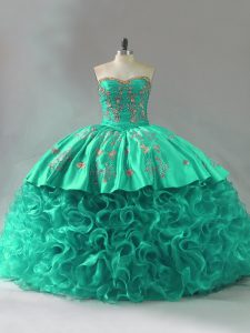 Green Ball Gowns Embroidery and Ruffles Quinceanera Dresses Lace Up Fabric With Rolling Flowers Sleeveless