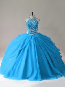 Baby Blue Ball Gowns Halter Top Sleeveless Tulle Floor Length Lace Up Beading Sweet 16 Dress