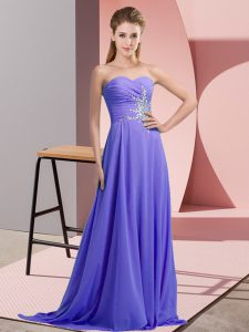 Best Lavender Lace Up Halter Top Beading and Ruching Prom Dress Chiffon Sleeveless