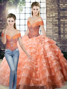 On Sale Off The Shoulder Sleeveless Brush Train Lace Up Sweet 16 Quinceanera Dress Peach Organza