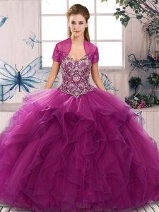 Fuchsia Quince Ball Gowns Military Ball and Sweet 16 and Quinceanera with Beading and Ruffles Off The Shoulder Sleeveless Lace Up