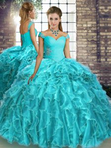 Clearance Aqua Blue Ball Gowns Organza Off The Shoulder Sleeveless Beading and Ruffles Lace Up 15 Quinceanera Dress Brush Train