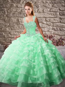 Best Selling Apple Green Sleeveless Beading and Ruffled Layers Lace Up Quinceanera Dresses