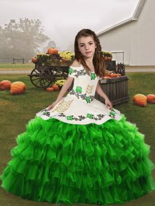 Elegant Sleeveless Floor Length Embroidery and Ruffled Layers Lace Up Little Girls Pageant Gowns with