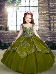 Olive Green Ball Gowns Straps Sleeveless Organza Floor Length Lace Up Beading and Embroidery Pageant Gowns For Girls