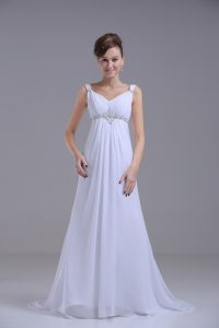 Captivating White Lace Up Wedding Dress Beading Sleeveless Brush Train
