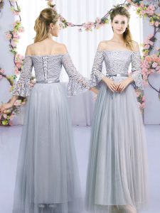 Simple Grey 3 4 Length Sleeve Tulle Lace Up Wedding Guest Dresses for Wedding Party