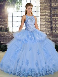 Lavender Scoop Lace Up Lace and Embroidery and Ruffles Quince Ball Gowns Sleeveless