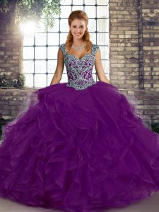 Ball Gowns Sweet 16 Quinceanera Dress Purple Straps Tulle Sleeveless Floor Length Lace Up