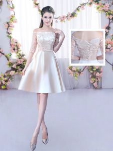 Trendy Half Sleeves Satin Mini Length Lace Up Wedding Guest Dresses in Champagne with Lace and Belt