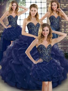 Navy Blue Lace Up Sweetheart Beading and Ruffles Sweet 16 Dresses Tulle Sleeveless