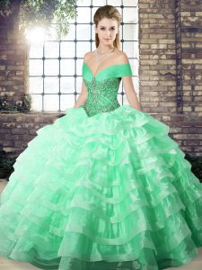 Romantic Apple Green Sleeveless Brush Train Beading and Ruffled Layers Quince Ball Gowns