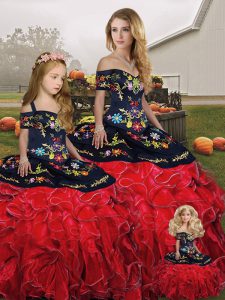 Flirting Red And Black Ball Gowns Embroidery and Ruffles Vestidos de Quinceanera Lace Up Organza Sleeveless Floor Length