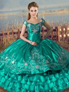 Fashion Turquoise Satin Lace Up Sweet 16 Dress Sleeveless Floor Length Embroidery and Ruffled Layers