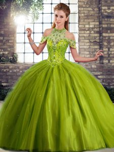Sleeveless Tulle Brush Train Lace Up Sweet 16 Dress in Olive Green with Beading