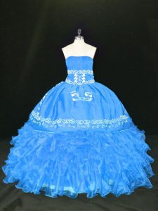 Blue Ball Gowns Organza Strapless Sleeveless Embroidery and Ruffles Floor Length Lace Up Quinceanera Dresses
