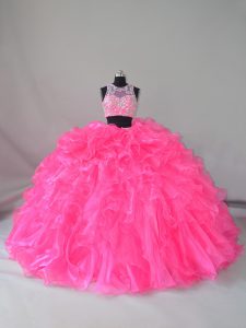 High Quality Hot Pink Sleeveless Beading and Ruffles Zipper 15 Quinceanera Dress