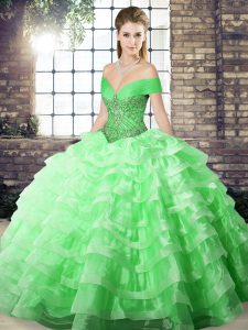 Lace Up Sweet 16 Dress Green for Military Ball and Sweet 16 and Quinceanera with Beading and Ruffled Layers Brush Train