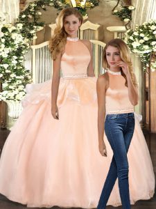 Peach Ball Gowns Organza Halter Top Sleeveless Beading Floor Length Backless Quince Ball Gowns