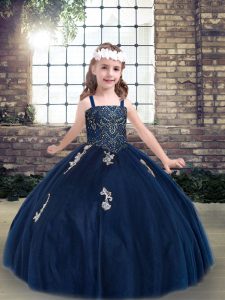 Floor Length Navy Blue Little Girl Pageant Gowns Straps Sleeveless Lace Up