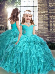 Graceful Aqua Blue Sleeveless Floor Length Beading and Ruffles Lace Up Kids Formal Wear