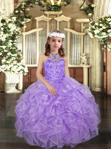 Dramatic Halter Top Sleeveless Lace Up Little Girls Pageant Dress Wholesale Lavender Organza