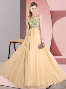 Low Price Peach Backless Scoop Beading and Appliques Damas Dress Chiffon Sleeveless