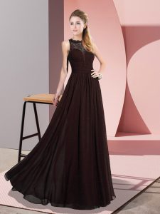 Cute Floor Length Zipper Prom Gown Brown for Prom and Party with Lace