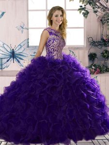 Superior Purple Scoop Neckline Beading and Ruffles Sweet 16 Dress Sleeveless Lace Up