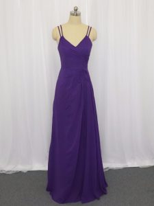 Straps Sleeveless Homecoming Dress Floor Length Ruching Purple Chiffon