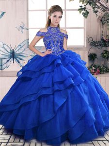 Royal Blue Ball Gowns Beading and Ruffled Layers 15 Quinceanera Dress Lace Up Organza Sleeveless Floor Length