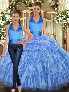 Low Price Floor Length Baby Blue Vestidos de Quinceanera Organza Sleeveless Ruffles and Pick Ups