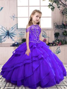 Purple Organza Lace Up Scoop Sleeveless Floor Length Girls Pageant Dresses Beading and Ruffled Layers