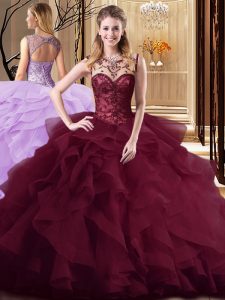 Sophisticated Scoop Sleeveless Brush Train Lace Up Quinceanera Dress Burgundy Tulle