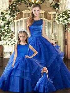 Royal Blue Ball Gowns Tulle Scoop Sleeveless Ruffled Layers Floor Length Lace Up Quinceanera Dresses