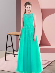 Deluxe Turquoise Prom Gown Prom and Party with Beading Scoop Sleeveless Side Zipper
