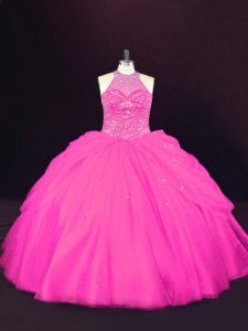 Sleeveless Floor Length Beading Lace Up Quinceanera Gown with Hot Pink